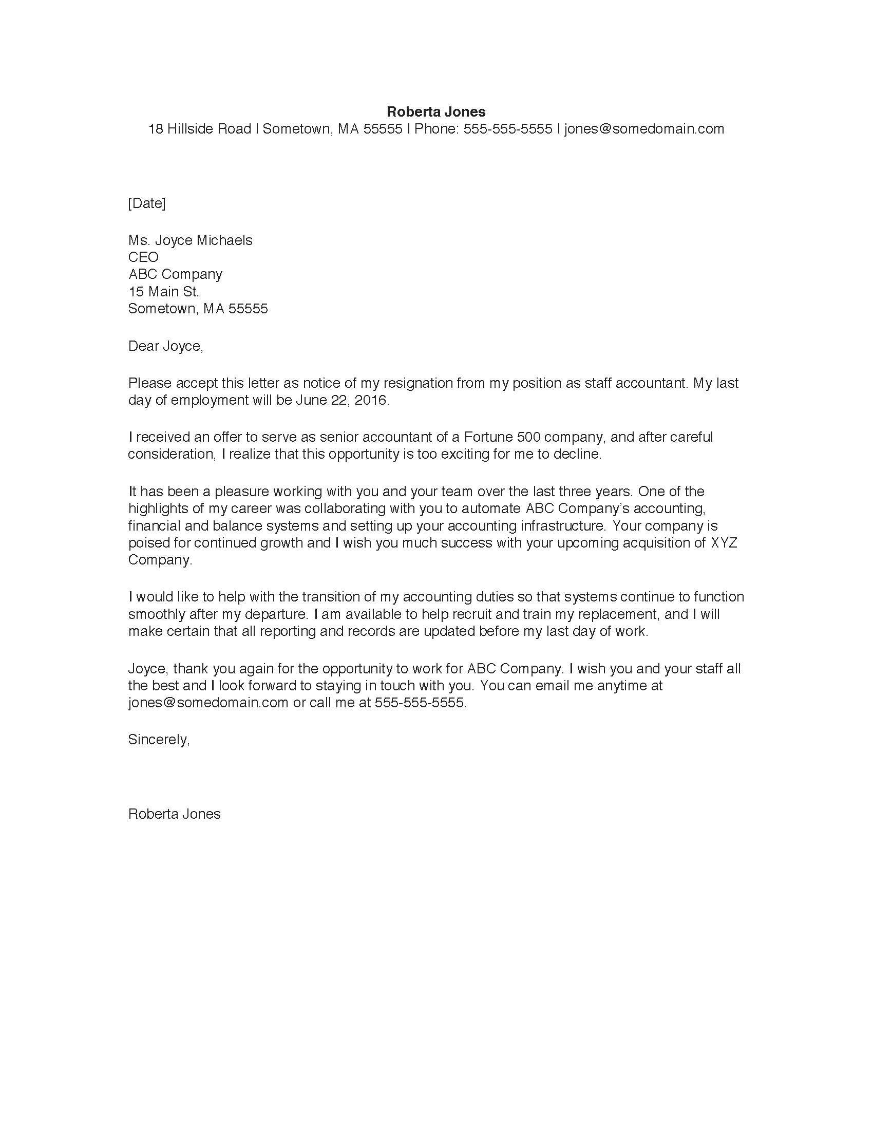 sample Resignation letter
